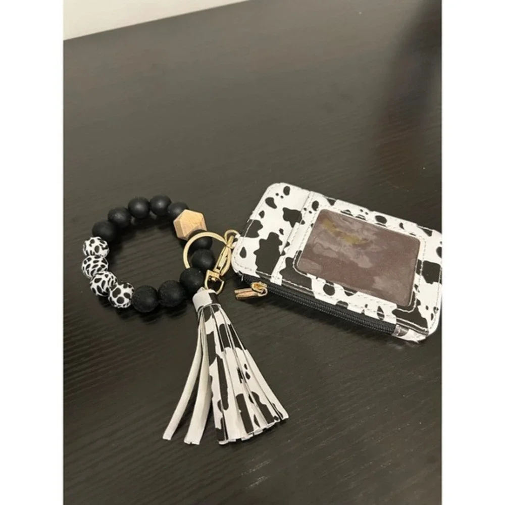 Cow Print Beaded Keychain Card Holder Wallet Bracelet‎ Wristlet Women